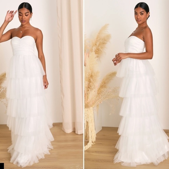 LULU's Elegant White Bridal Sexy Tulle Corset Bustier Tiered Ruffles Boho Gown - Picture 5 of 5